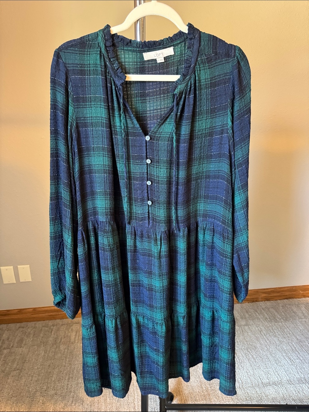 LOFT Navy and Green Plaid Long-Sleeve Tiered Dress